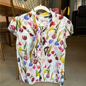 Alice + Olivia Jeannie Bow Cap Sleeve Cotton and Silk Floral Blouse